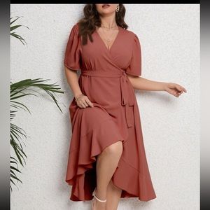 BRAND NEW Plus Puff Sleeve Ruffle Hem belted dress